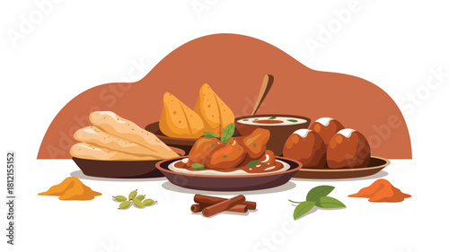 Delicious Indian Food Composition: Samosas, Naan Bread, Curry, Gulab Jamun, and Spices Represented in a Vector Graphic for Culinary and Cultural Projects