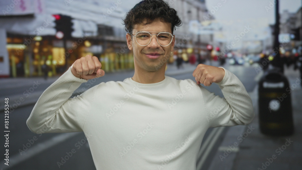 Fototapeta premium Man in white sweater wearing glasses flexes muscles and clenches fists on city street during daytime; confidence.