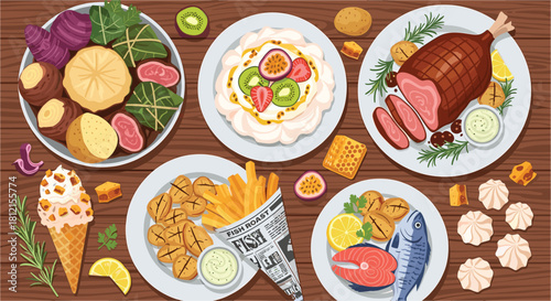 Gourmet Food Platter: A Delicious Assortment of Fish Roast, Meat, Dessert, and Tropical Fruit Desserts on a Wooden Tabletop