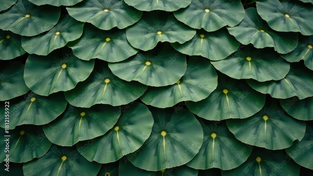 Naklejka premium Lush green lily pads create serene and tranquil atmosphere, showcasing nature beauty and harmony