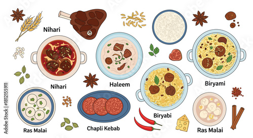 Delicious and Authentic South Asian Cuisine: Biryani, Haleem, Nihari, Chapli Kebab, and Ras Malai Illustration with Spices and Garnishes