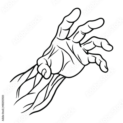 Zombie hand graphic illustration featuring detailed musculature ideal for horror themed designs or halloween related projects in black and white