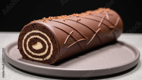 Delicious chocolate roll cake with creamy filling, beautifully decorated with chocolate glaze and sprinkles, perfect for dessert lovers