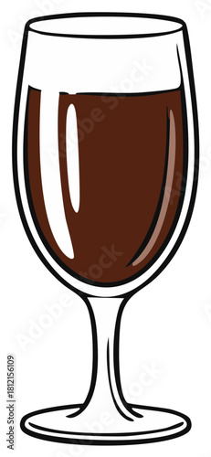 A clear glass goblet filled with rich dark brown liquid, possibly wine or chocolate, displayed against a bright backdrop.