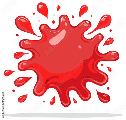 Glossy red liquid splash with drops, cartoon vector illustration of a paint splat