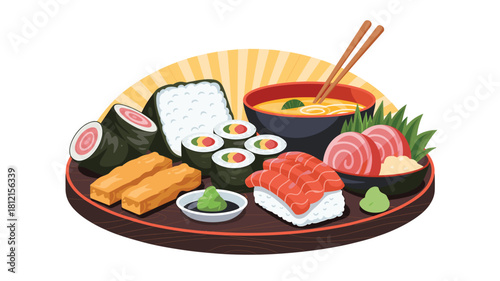 Delicious Japanese Cuisine: Sushi, Ramen, and Tempura on a Wooden Tray with Soy Sauce and Wasabi, a Diverse Culinary Experience