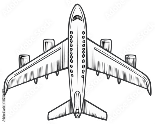 Classic Hand Drawn Commercial Airplane Top View Sketch Vintage Style Air Travel and Aviation Concept Art