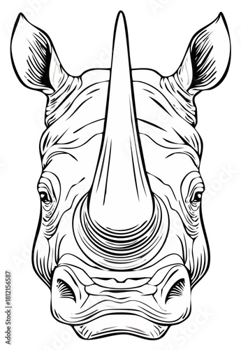 Striking Line Art Illustration of a Rhino Face with a Prominent Horn
