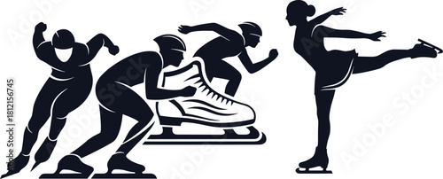 Ice skating illustration, speed and figure skaters, dynamic motion, helmeted athletes, skate equipment, winter sport graphic, athletic movement, stylized design