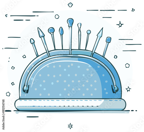 Blue pincushion illustration with various needles and pins for sewing projects in a cartoon style design