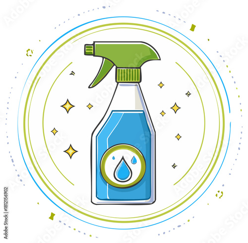 Cleaning spray bottle with liquid and sparkles against abstract background.