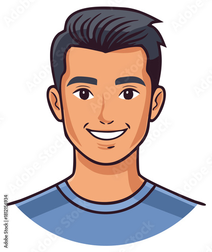 Smiling Cartoon Man Portrait Character Design Young Adult with Dark Hair Wearing Blue T-Shirt