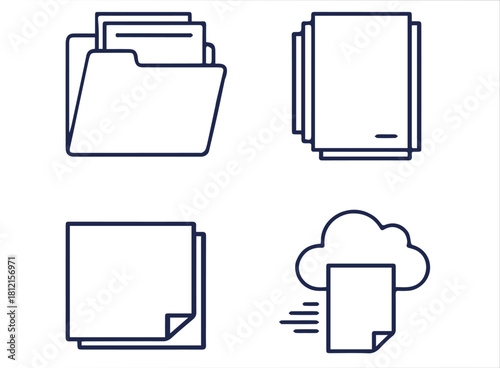 Clean line art icons representing document management and cloud storage concepts.
