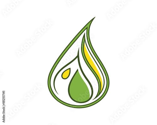 A minimalist, organic logo featuring a green droplet shape with stylized leaf elements inside, suggesting nature and growth