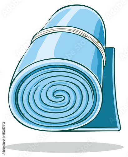 Vector illustration of a neatly rolled sky blue exercise mat or beach towel secured with a white strap.