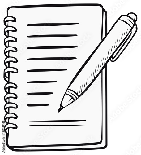 Hand drawn sketch of a spiral notebook with a pen ready to write on lined paper
