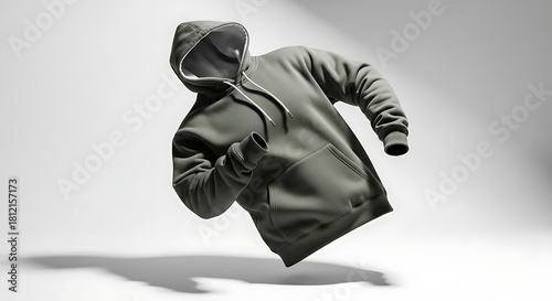 modern streetwear hoodie mockup, unisex fit, detailed fabric folds, realistic texture, floating presentation, soft shadows, photorealistic studio scene, high-resolution product display 