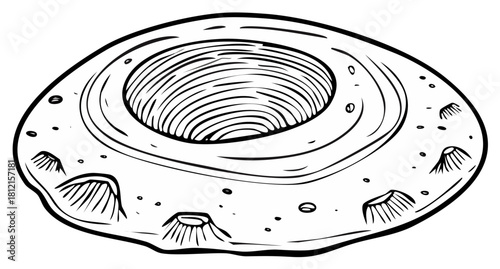 Monochrome line art illustration of a planetary surface with a large central impact crater and scattered smaller depressions