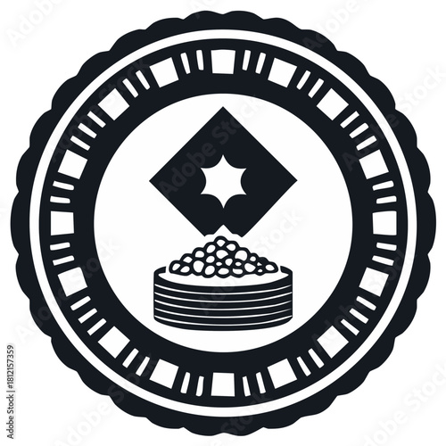 Monochrome circular emblem of a sparkling packet pouring seeds into a bowl vector graphic