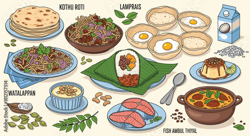 Sri Lankan Cuisine Illustration: Kothu Roti, Lamprais, Watalappan, and Fish Ambul Thiyal. Authentic Dishes and Traditional Flavors for Sri Lankan Food Enthusiasts.