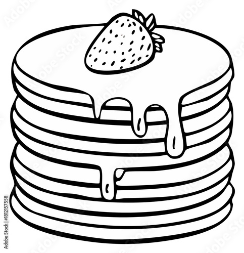 Cartoon doodle of a stack of pancakes with dripping syrup and a strawberry, black and white coloring page