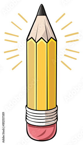 Yellow pencil with pink eraser and glowing light rays symbolizing creativity and ideas