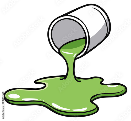 Green liquid pouring from a tilted can creating a puddle spill