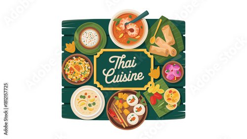 Delicious Thai Cuisine Dishes Illustration on Wood Background, Highlighting Tom Yum Soup, Spring Rolls, and Coconut Rice for a Culinary Experience