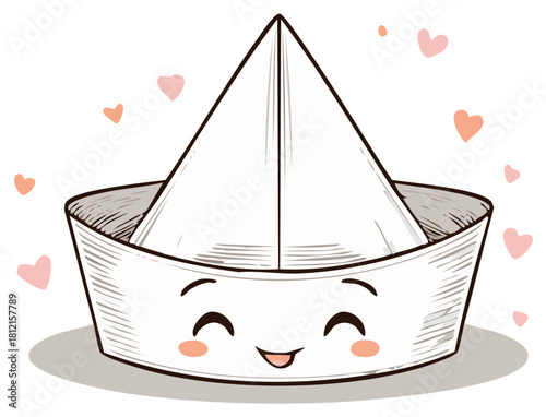 Adorable cartoon paper sailor hat character with a smiling face surrounded by love hearts
