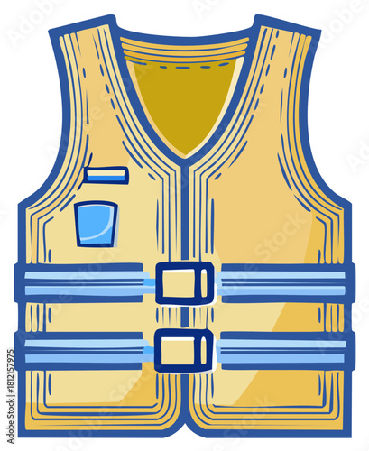 Illustration of a yellow safety vest with blue stripes and buckles