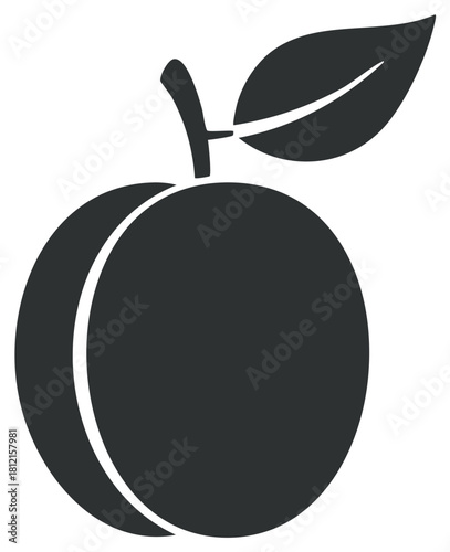 Minimalist peach fruit icon with a leaf vector silhouette graphic symbol