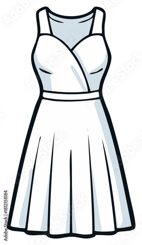 Simple white dress with sleeveless bodice and flared skirt, hand-drawn style