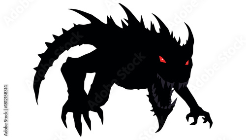 Terrifying shadow beast silhouette with glowing red eyes, sharp claws, and menacing teeth, perfect for horror fantasy games and Halloween designs