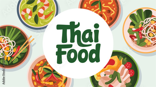 Delicious Thai Food Dishes: A Colorful Vector Illustration of Authentic Thai Cuisine with Noodles, Soups, and Vibrant Ingredients, Perfect for Food Lovers