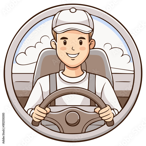 Smiling man in a baseball cap driving a car, cartoon illustration for a logo or emblem.