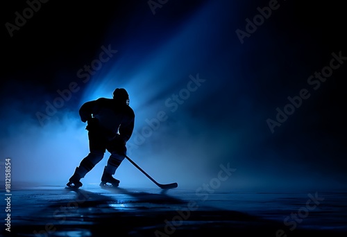 A lone hockey player silhouetted against bright stadium lights on the ice
