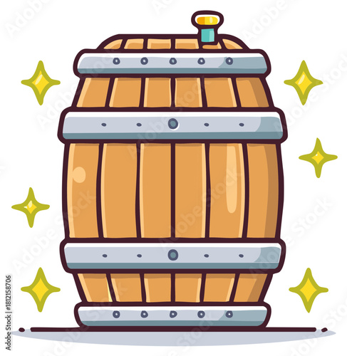 Cartoon wooden barrel with metallic bands and sparkling stars