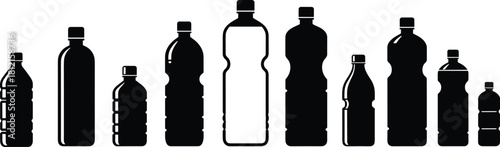 Plastic bottle silhouettes, packaging design, beverage container shapes, black icons, water bottle variety, recyclable product, drink storage, vector illustration