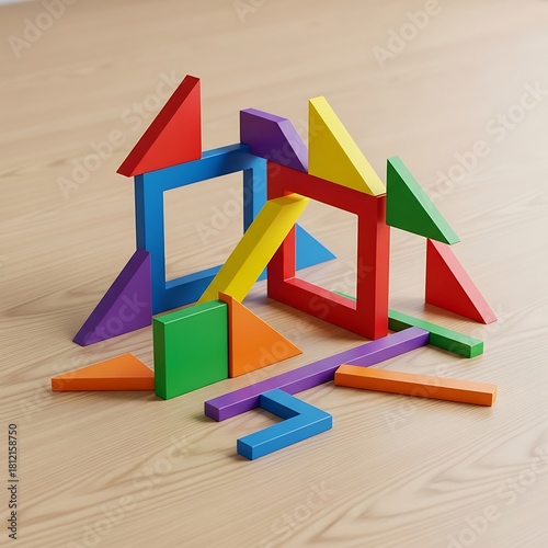 Wooden toy house made of colorful blocks