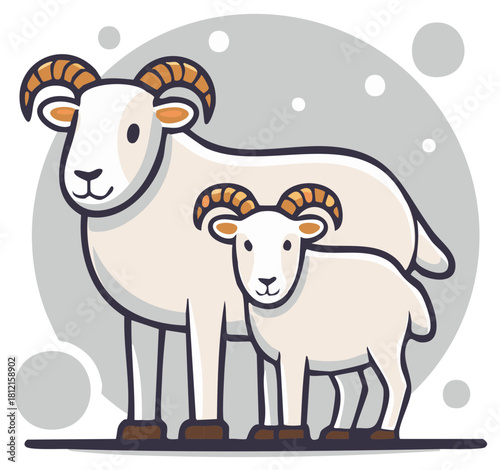 Cute mother ram and baby lamb standing together in a sweet family cartoon illustration
