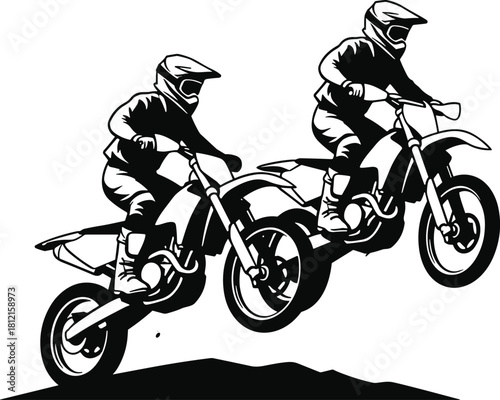 Silhouette vector motocross riders performing high jumps on dirt bikes, extreme off-road racing action illustration, dynamic motorcycle sport artwork design