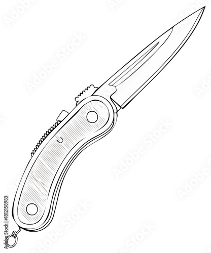 Vector illustration of a pocket knife, detailed outline in black and white.