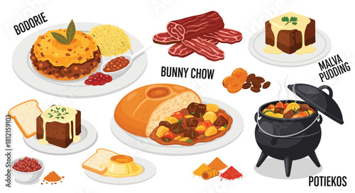 Delicious South African Cuisine Illustration Featuring Bodorie, Bunny Chow, Malva Pudding, and Potjiekos in a Culinary Compilation Artwork