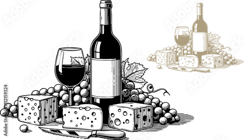 Elegant wine bottle and cheese arrangement with grapes for a sophisticated tasting