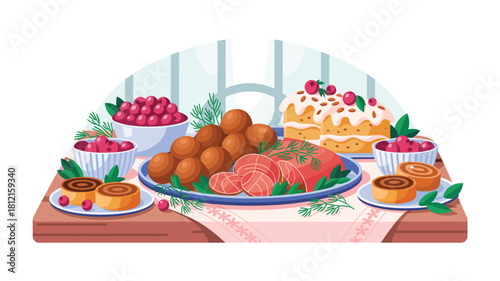 Traditional Swedish Christmas Table: Festive Feast with Meatballs, Ham, Cake, and Cranberries, Holiday Celebration and Swedish Cuisine Illustration
