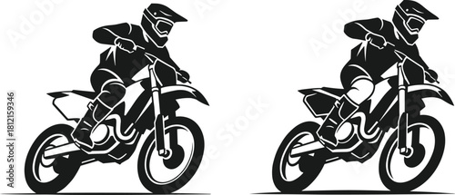 Silhouette vector motocross riders turning corners on dirt bikes, extreme racing action illustration, dynamic off-road motorcycle sport artwork for design