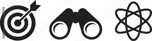 Target binoculars and atomic symbol icons dart arrow