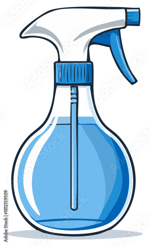 Cartoon illustration of a blue spray bottle with a water reservoir, and blue pump.