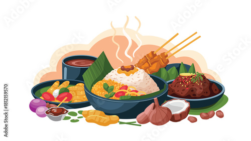 Indonesian Cuisine Still Life Illustration: Satay, Nasi Uduk, Sambal, Gado-Gado, Tempe, and Rawon, Representing Rich Flavors and Culinary Heritage