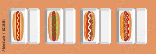 hot dogs with various ingredients  in  cardboard boxes set  top view vector illustration